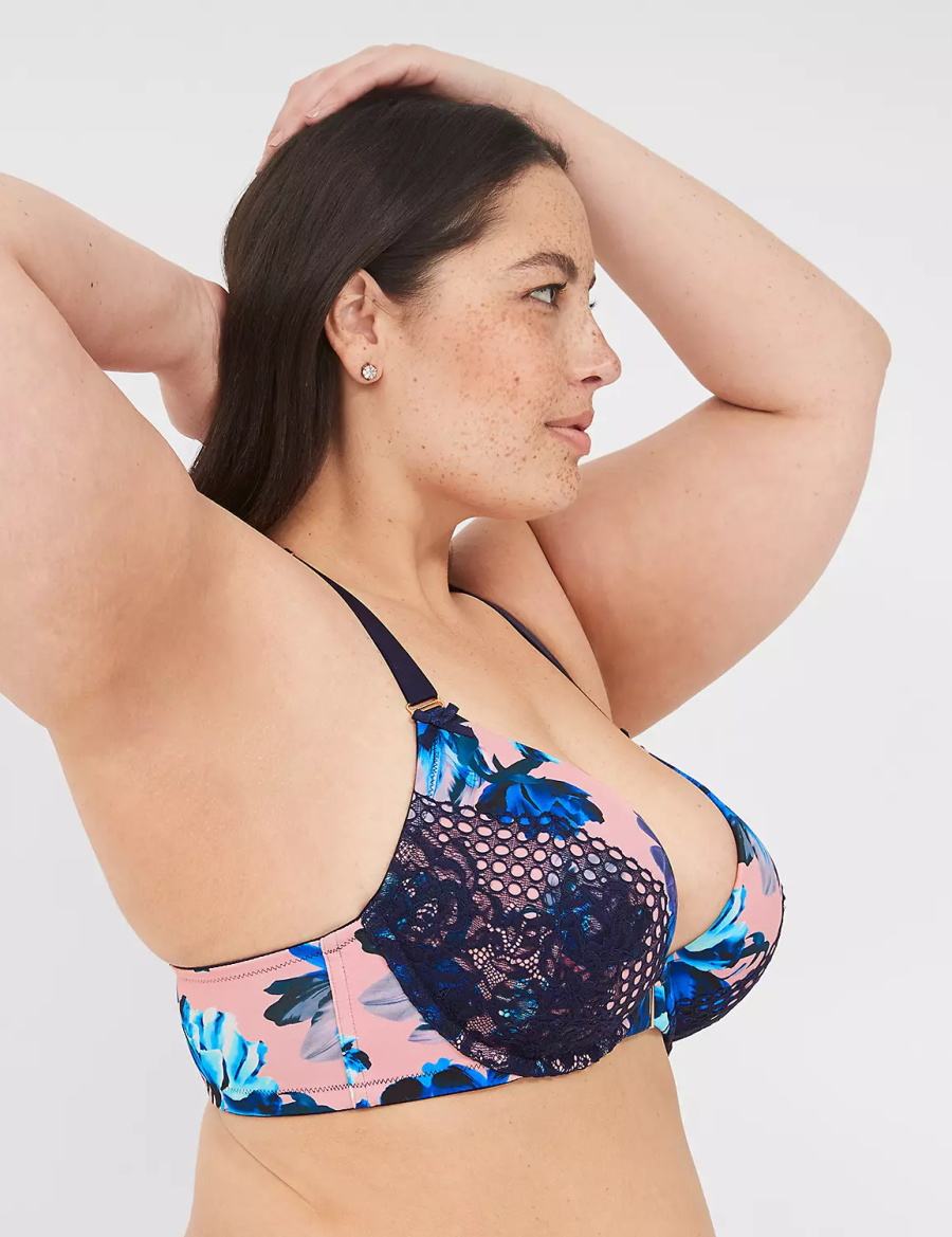 Lane Bryant Strappy-Back Boost Plunge Front-Close Women Bralettes Pink Blue Multicolor | LMF6591QX