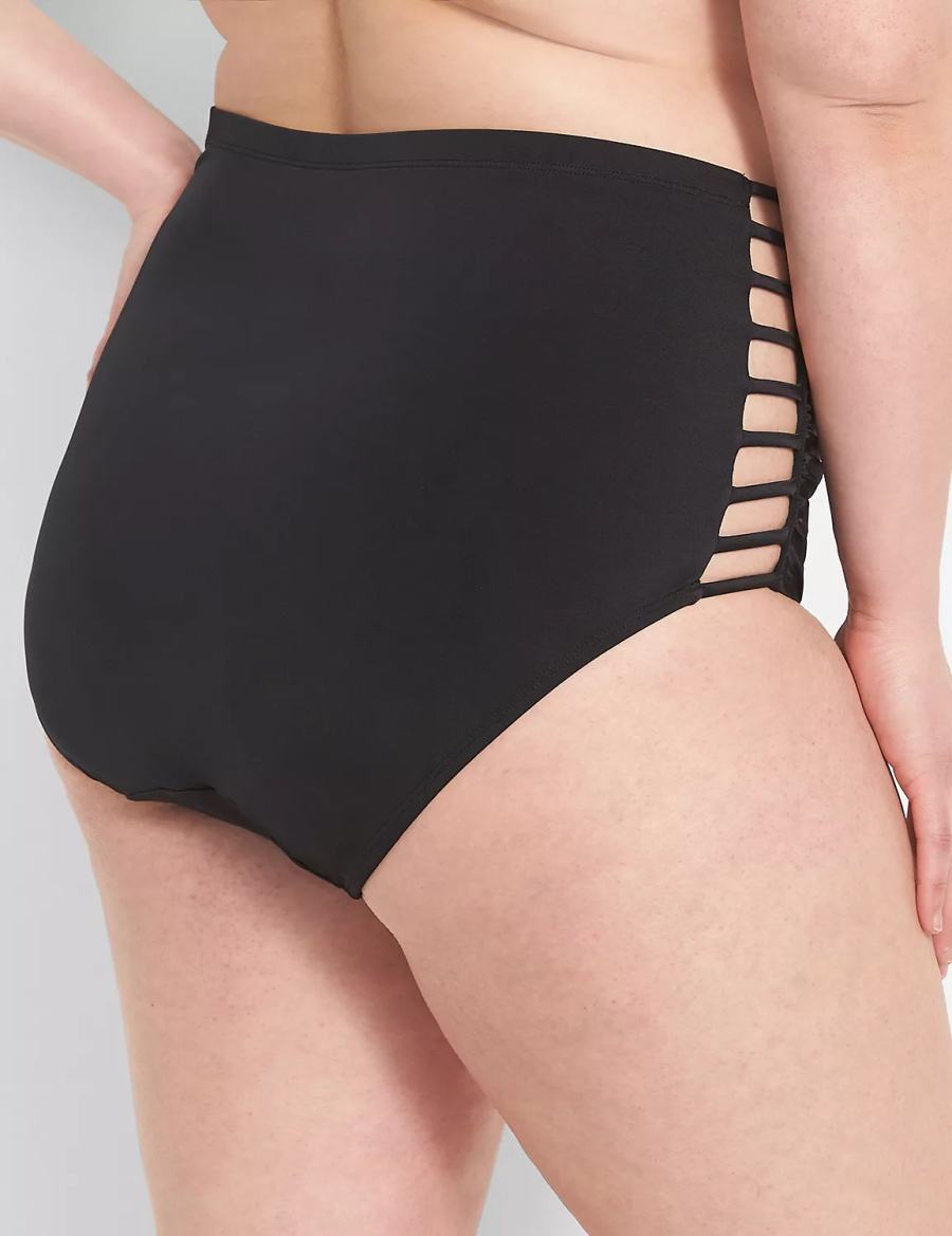 Lane Bryant Strappy Ruched-Side High-Waist Swim Women Briefs Black | FPI4256JM