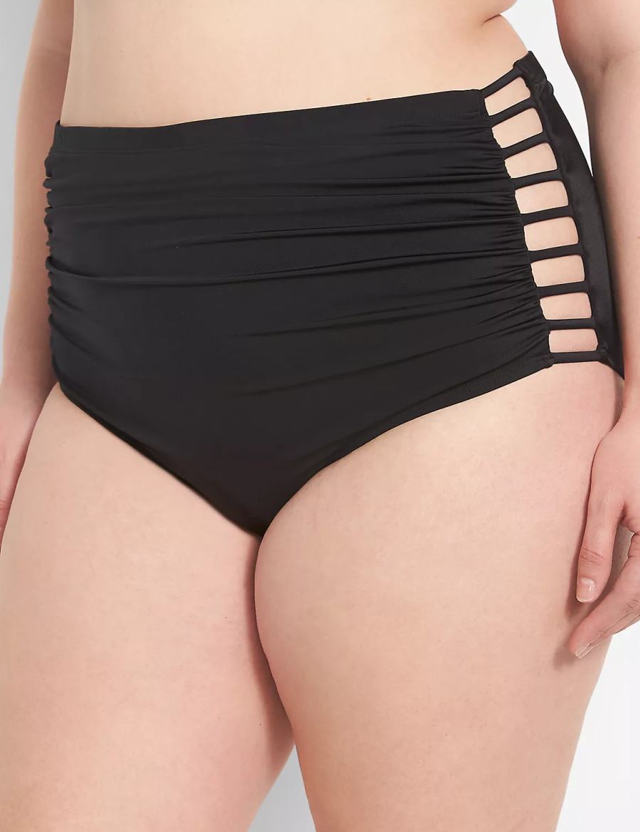 Lane Bryant Strappy Ruched-Side High-Waist Swim Women Briefs Black | FPI4256JM