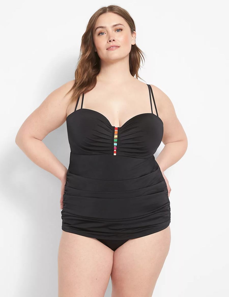 Lane Bryant Strappy Ruched-Side High-Waist Swim Women Briefs Black | FPI4256JM