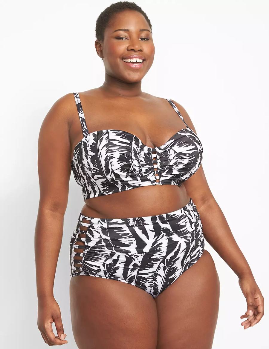 Lane Bryant Strappy Ruched-Side Swim Women Briefs White Black | CPN3065XP