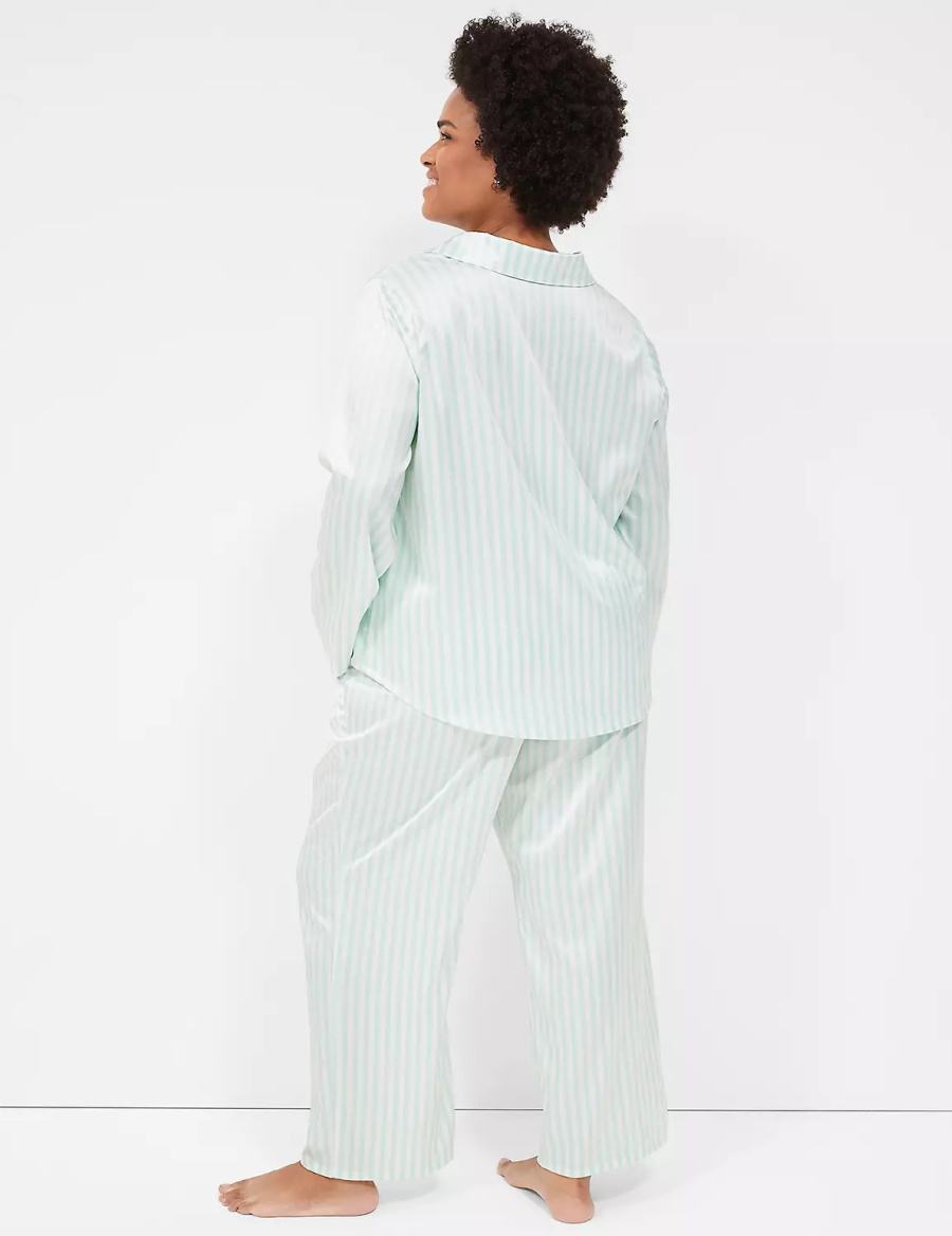 Lane Bryant Stretch Satin Shirt & Pant PJ Set Women Pajamas Green Stripes | FXO5060VX