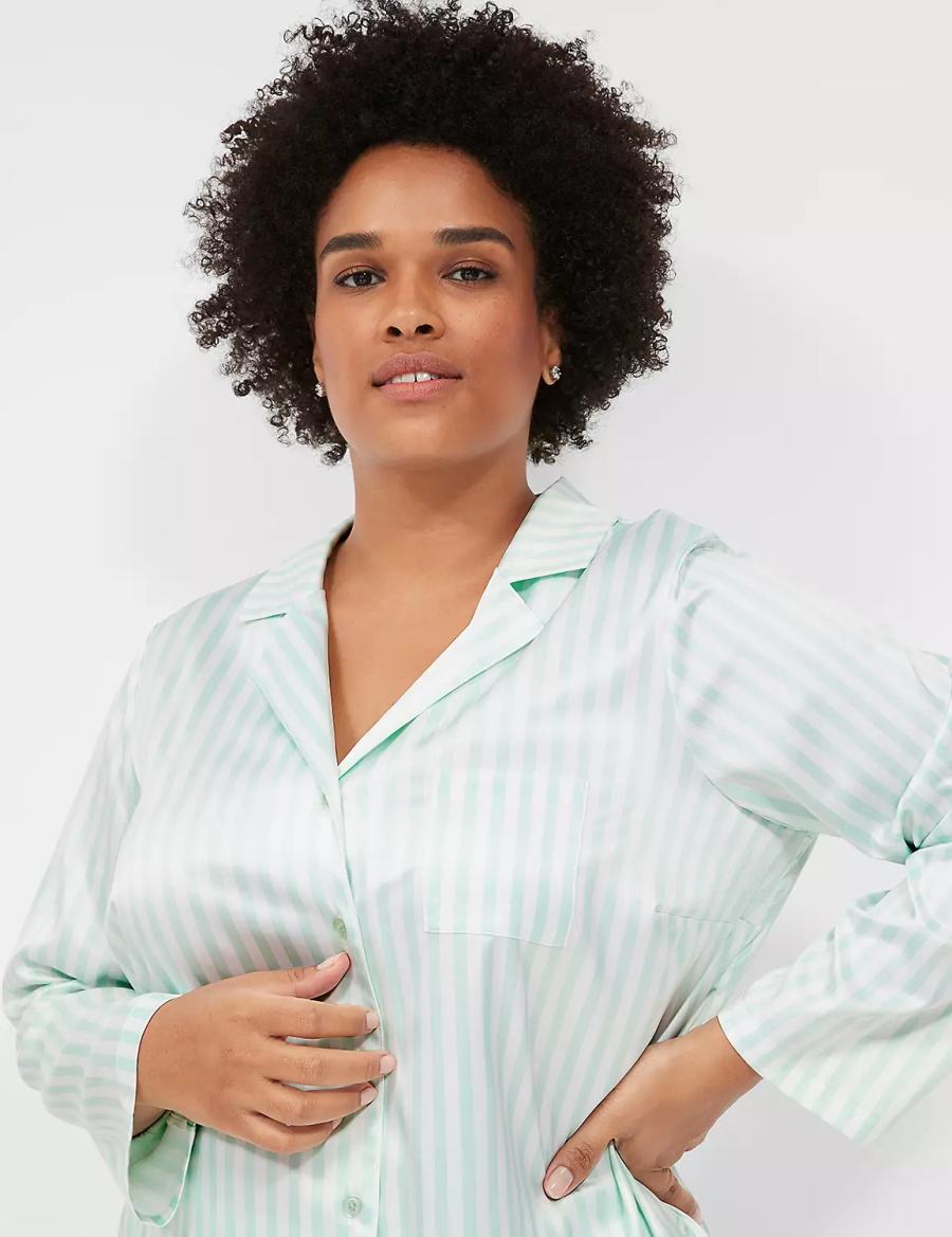 Lane Bryant Stretch Satin Shirt & Pant PJ Set Women Pajamas Green Stripes | FXO5060VX