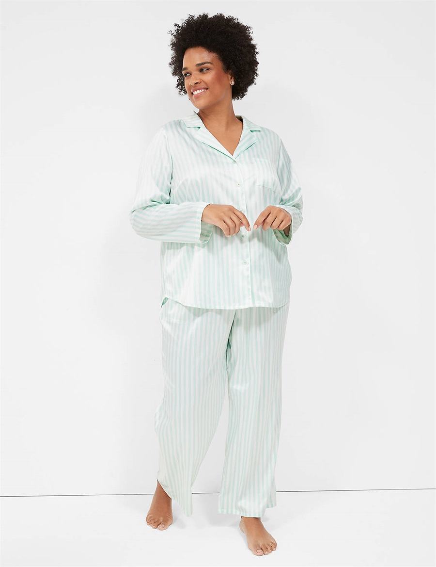 Lane Bryant Stretch Satin Shirt & Pant PJ Set Women Pajamas Green Stripes | FXO5060VX