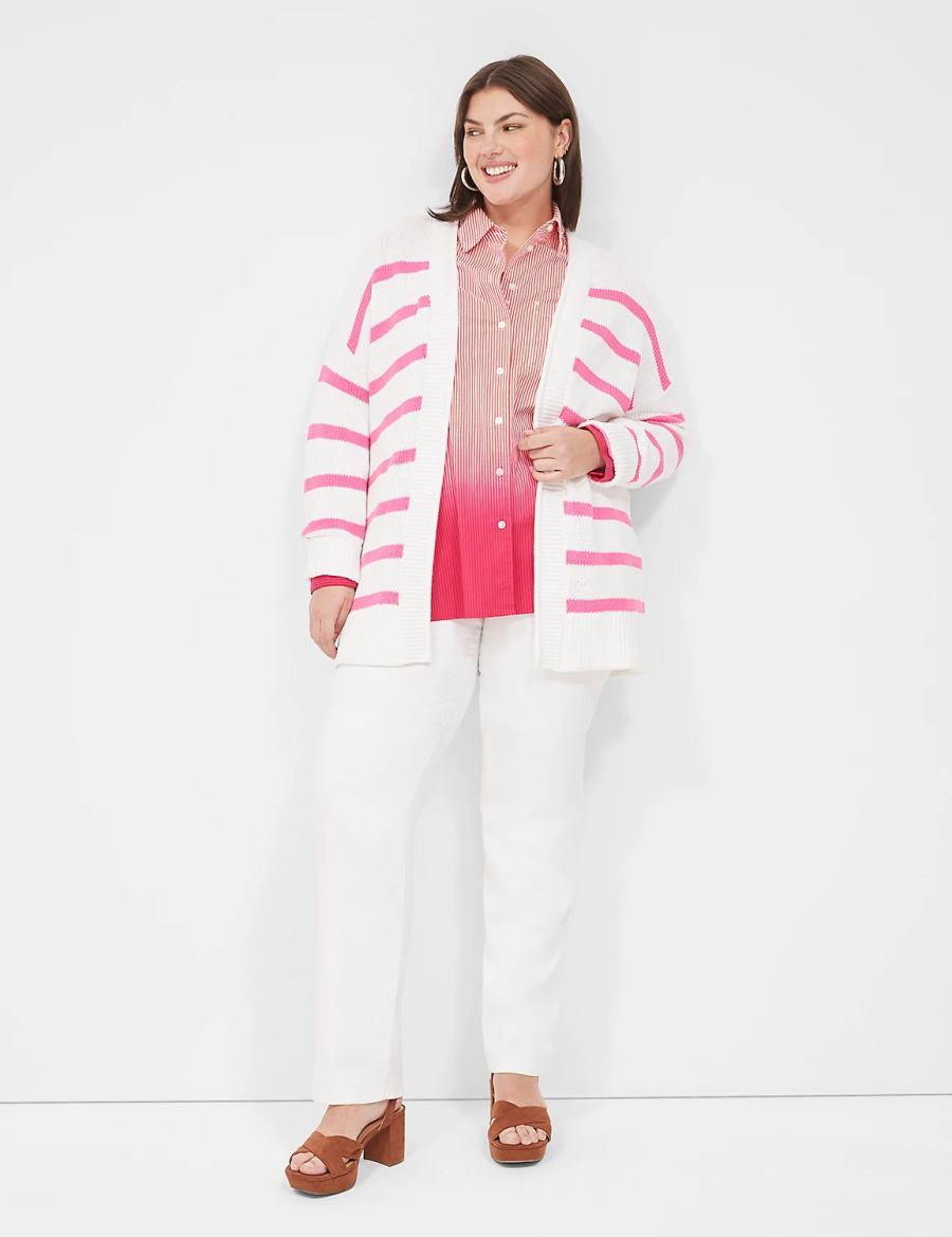 Lane Bryant Striped Open-Front Women Cardigan Pink White Stripes | YOJ9338IB