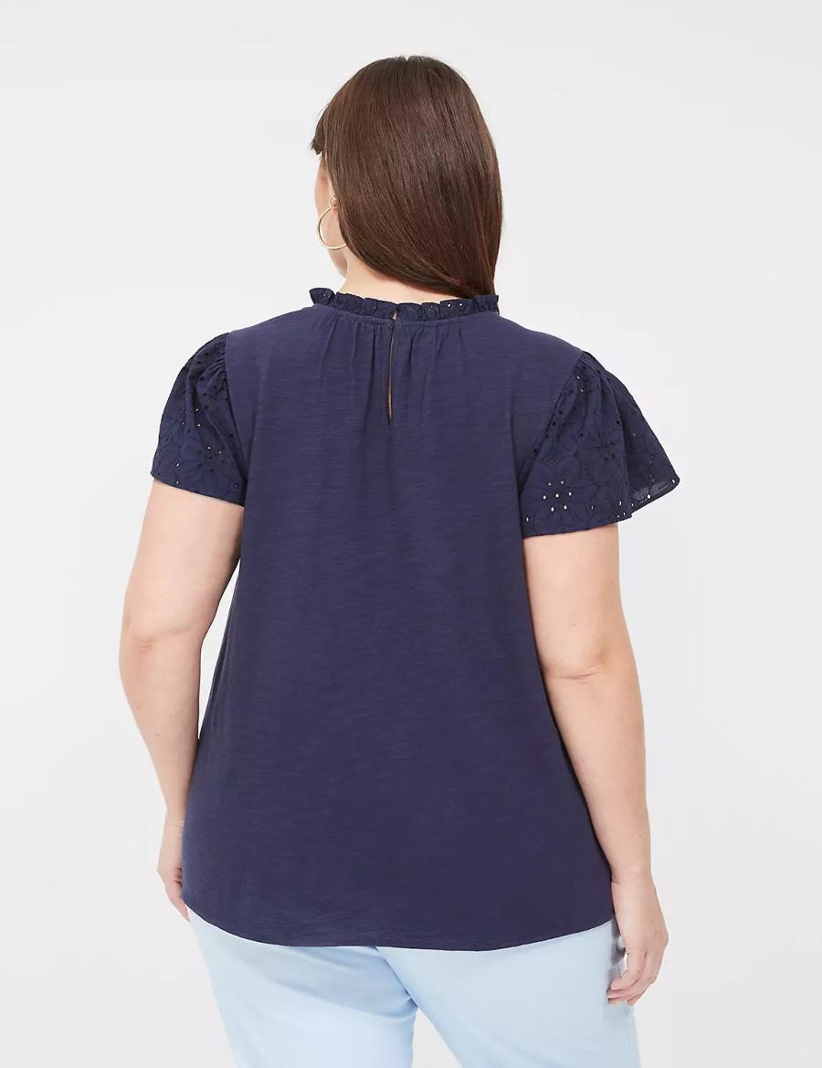 Lane Bryant Subtle Swing Cap Ruffle-Sleeve Eyelet & Knit Top Women T Shirts Blue | HPO5732GQ