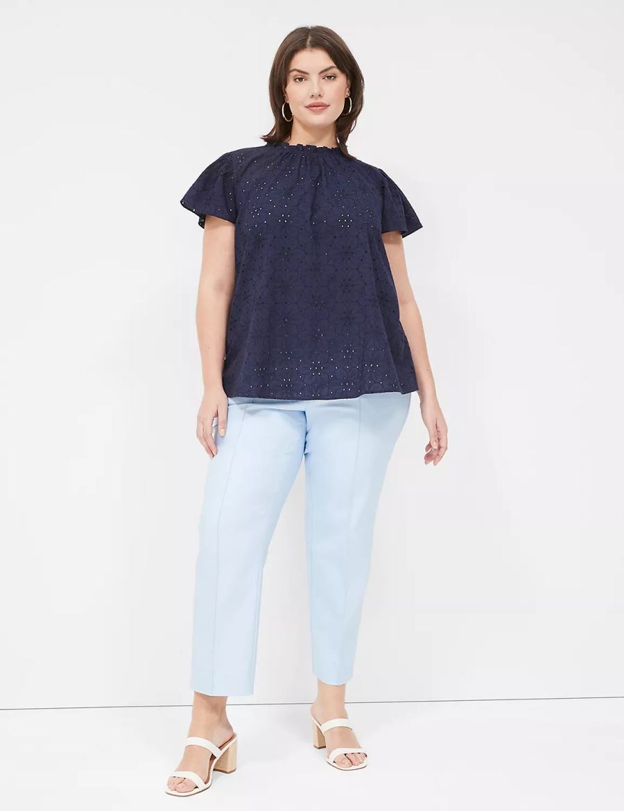 Lane Bryant Subtle Swing Cap Ruffle-Sleeve Eyelet & Knit Top Women T Shirts Blue | HPO5732GQ