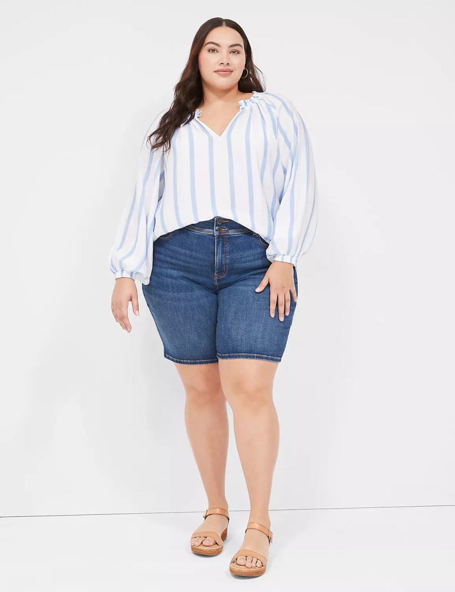 Lane Bryant Swing-Sleeve Popover Women Blouse Blue Stripes | DEB9734TJ