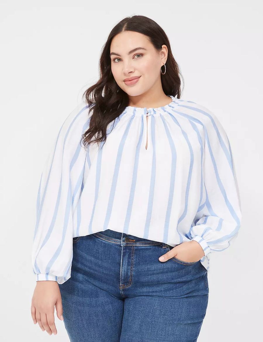 Lane Bryant Swing-Sleeve Popover Women Blouse Blue Stripes | DEB9734TJ