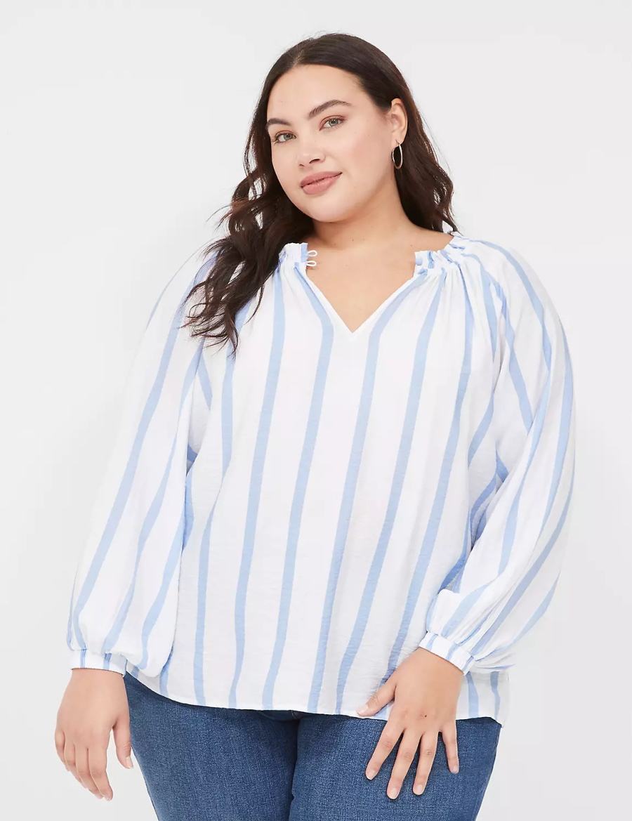 Lane Bryant Swing-Sleeve Popover Women Blouse Blue Stripes | DEB9734TJ