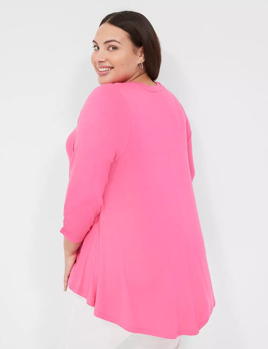 Lane Bryant Swing 3/4 Ruched-Sleeve Top Women T Shirts Fuchsia | JGT6136DQ