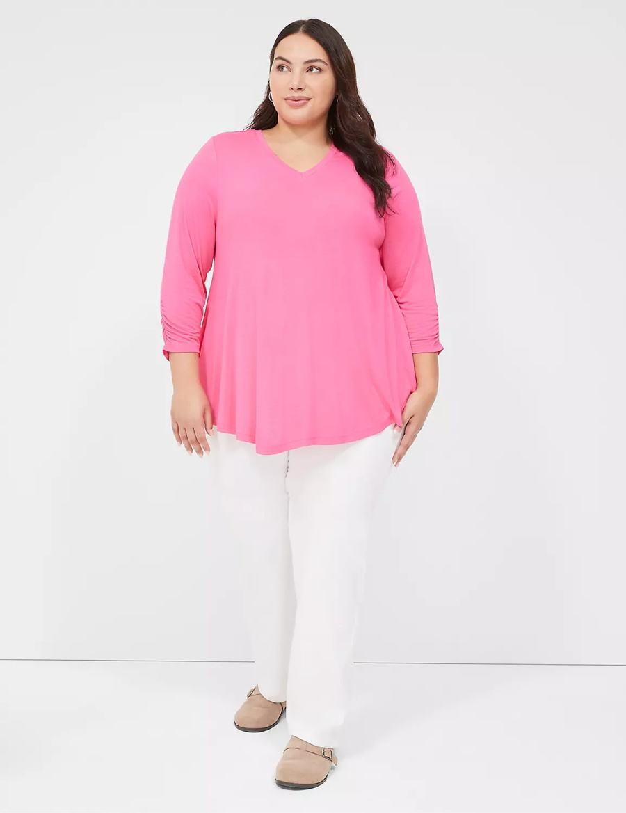 Lane Bryant Swing 3/4 Ruched-Sleeve Top Women T Shirts Fuchsia | JGT6136DQ