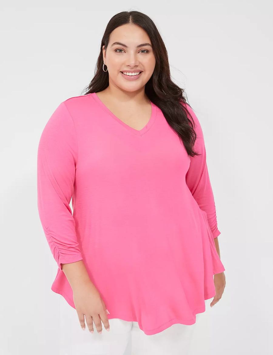 Lane Bryant Swing 3/4 Ruched-Sleeve Top Women T Shirts Fuchsia | JGT6136DQ