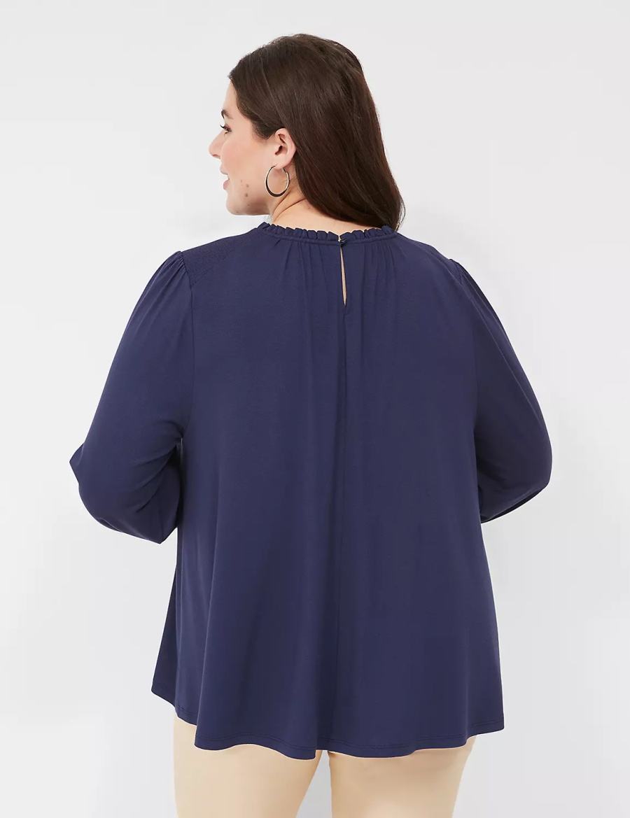 Lane Bryant Swing Crew-Neck Smocked-Shoulder Top Women Blouse Blue | ZPZ1672FY