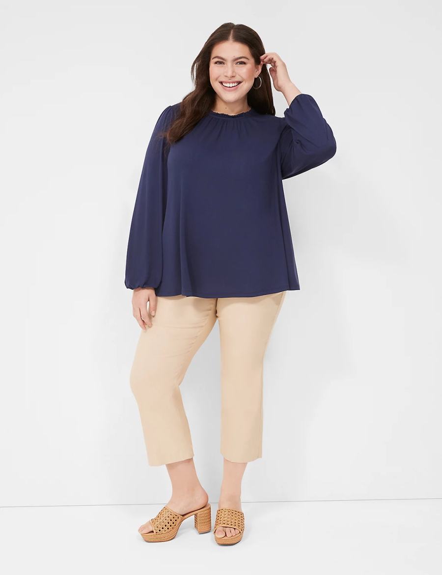 Lane Bryant Swing Crew-Neck Smocked-Shoulder Top Women Blouse Blue | ZPZ1672FY