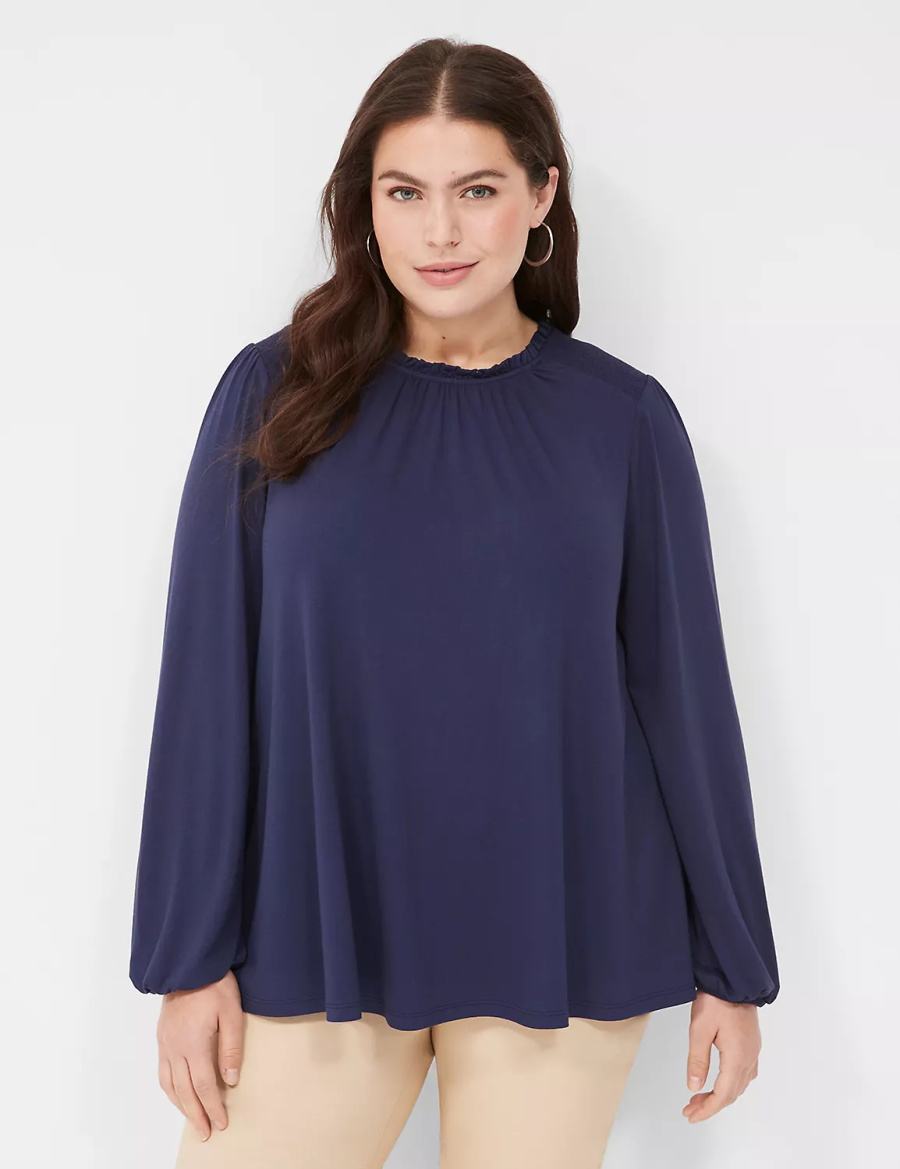 Lane Bryant Swing Crew-Neck Smocked-Shoulder Top Women Blouse Blue | ZPZ1672FY