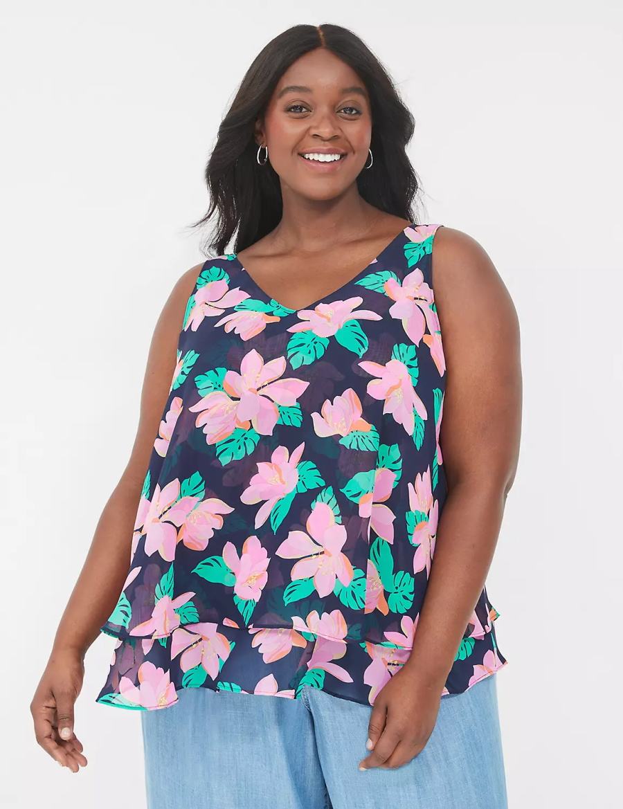 Lane Bryant Swing Double-Layer Chiffon Women Tank Top Pink Navy | TWY6748CE