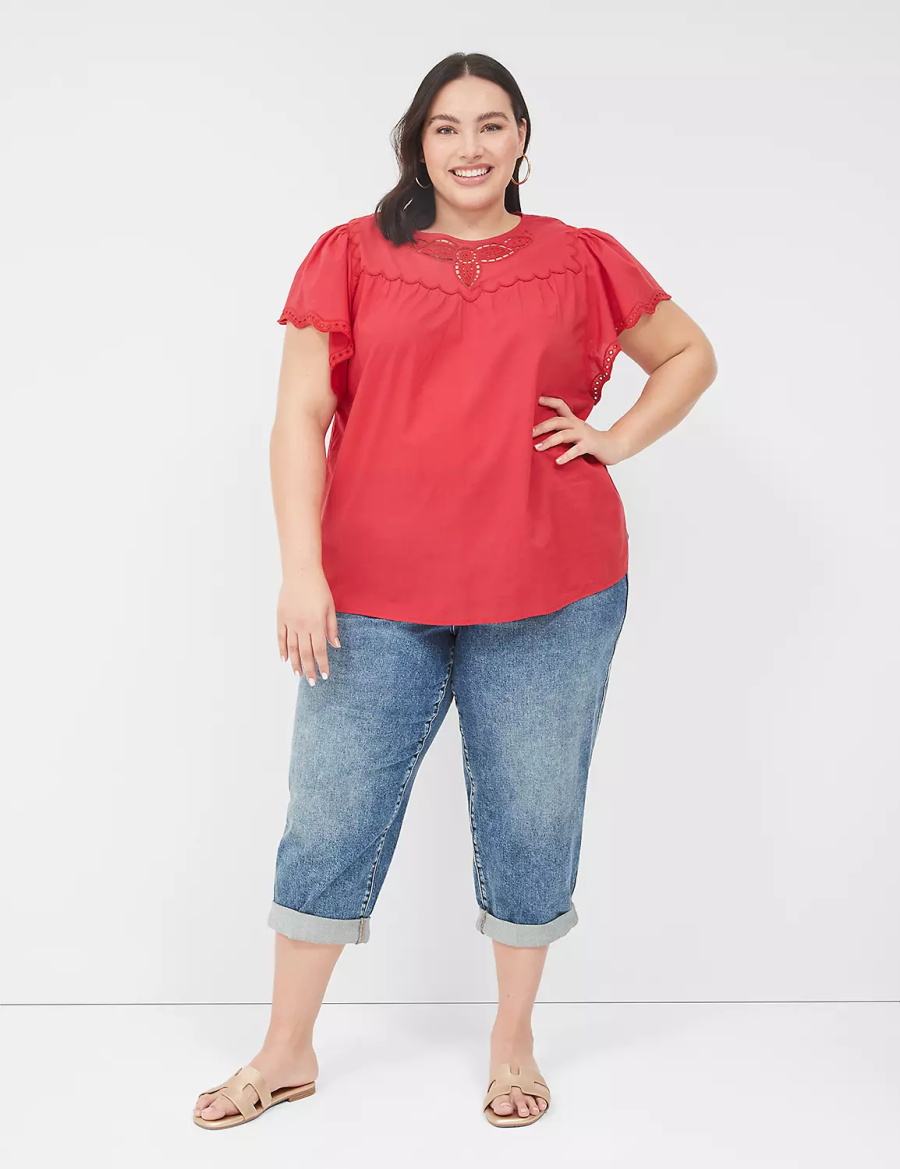 Lane Bryant Swing Eyelet-Trim Popover Women Blouse Red | NPB9368DV