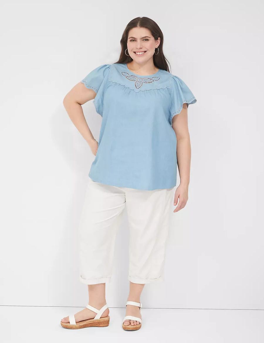 Lane Bryant Swing Eyelet-Trim Popover Women Blouse Blue | IDR89US