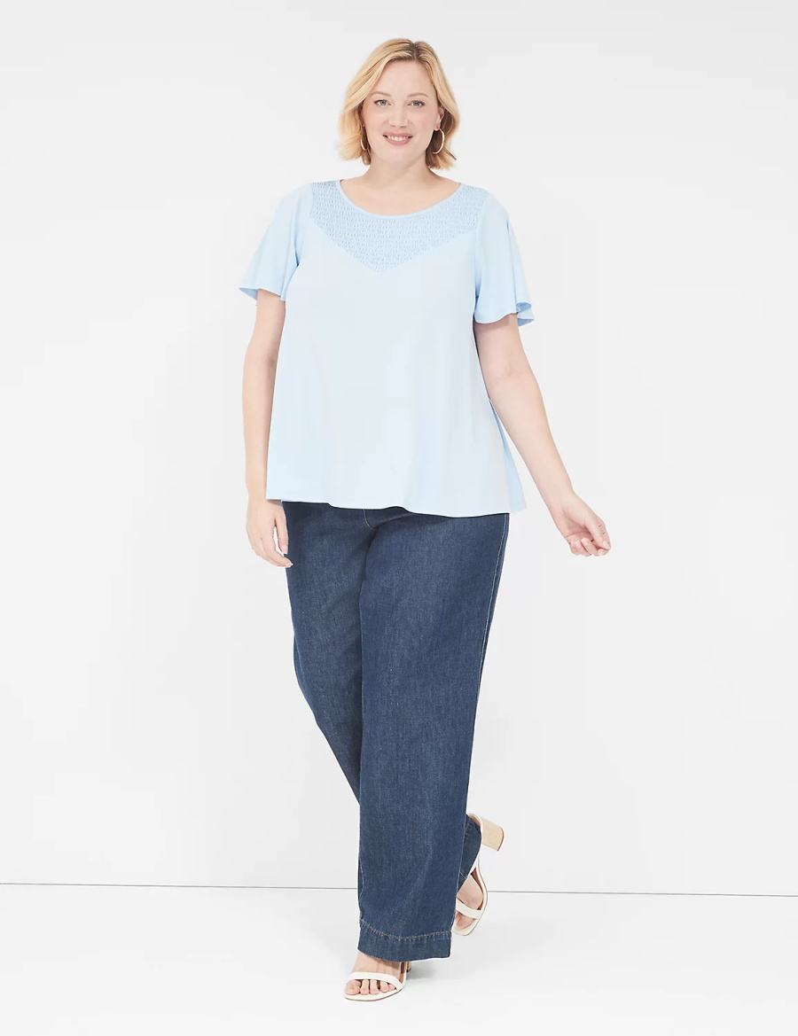 Lane Bryant Swing Flutter-Sleeve Smocked-Yoke Top Women T Shirts Blue | ENG7636KJ