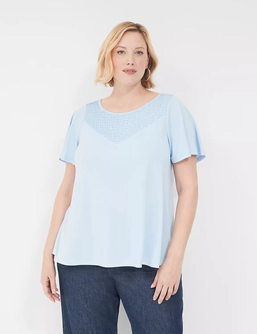 Lane Bryant Swing Flutter-Sleeve Smocked-Yoke Top Women T Shirts Blue | ENG7636KJ