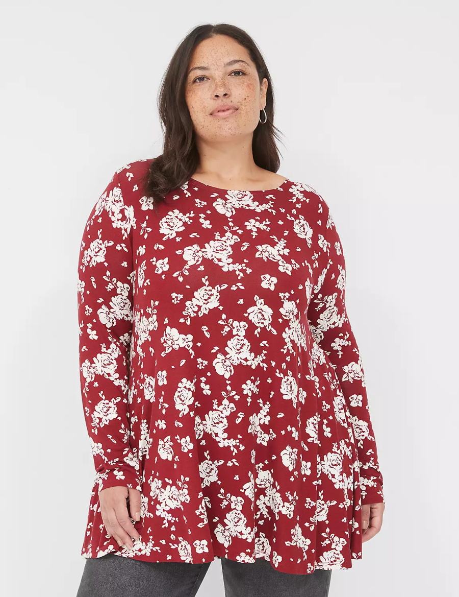 Lane Bryant Swing Long-Sleeve Crew-Neck Tee Women T Shirts Red White | NKP5563BO