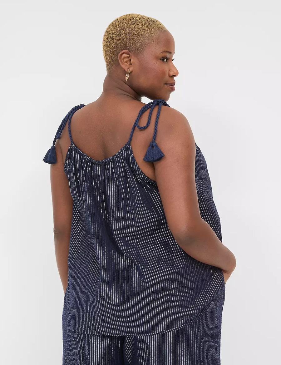 Lane Bryant Swing Lurex Gauze Tie-Strap Scoop-Neck Women Tank Top Blue | ISL685DO