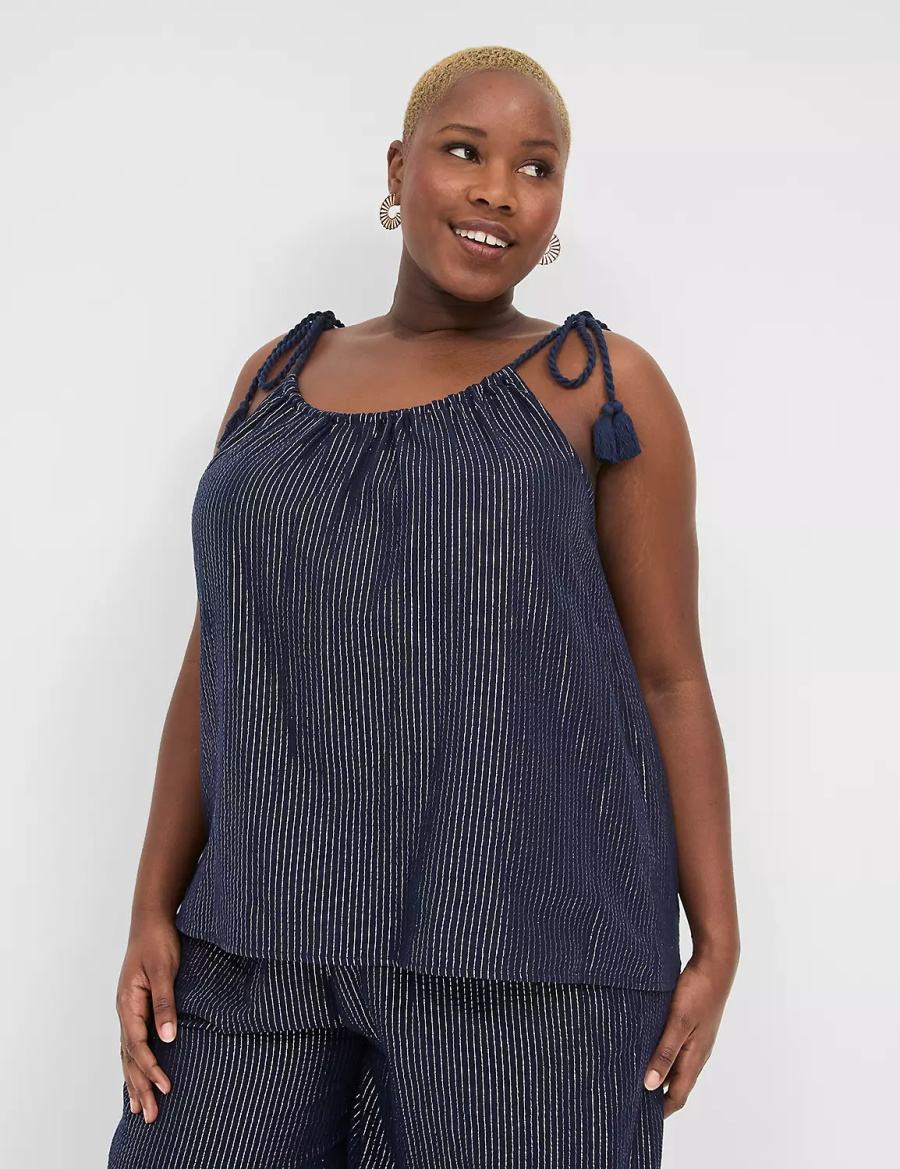 Lane Bryant Swing Lurex Gauze Tie-Strap Scoop-Neck Women Tank Top Blue | ISL685DO