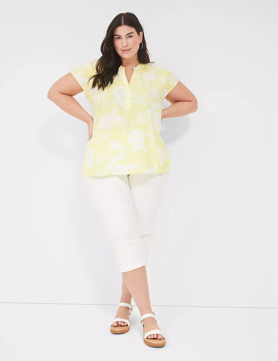 Lane Bryant Swing Notch-Neck Woven & Knit Top Women Blouse White Yellow | HQB8257ZN