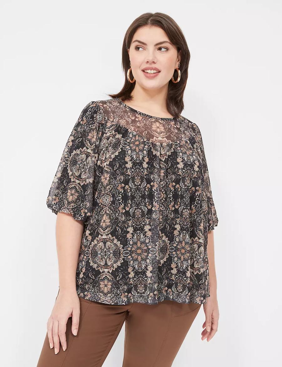 Lane Bryant Swing Perfect Puff-Sleeve Mesh Top Women Blouse Black | OMB9992BY