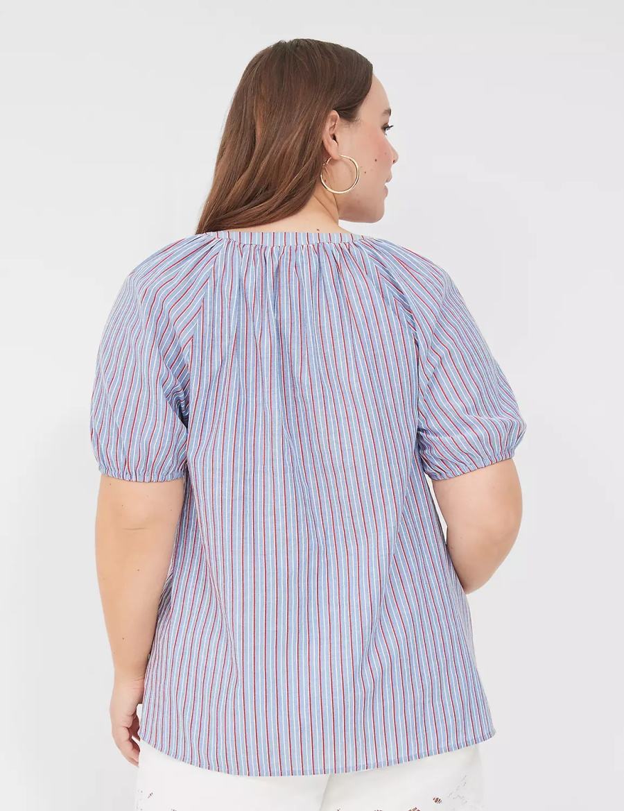 Lane Bryant Swing Short-Sleeve Notch-Neck Women Blouse Blue Stripes | AFQ6639DW