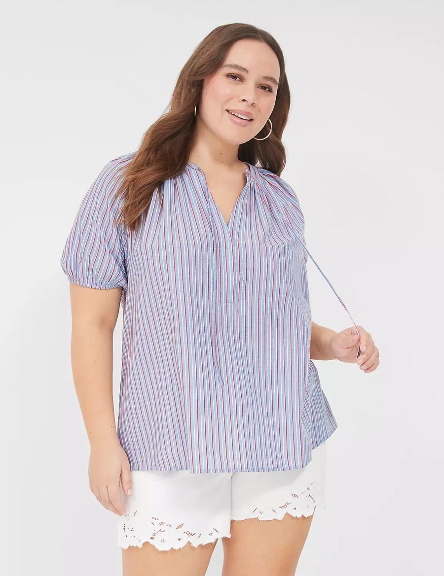 Lane Bryant Swing Short-Sleeve Notch-Neck Women Blouse Blue Stripes | AFQ6639DW