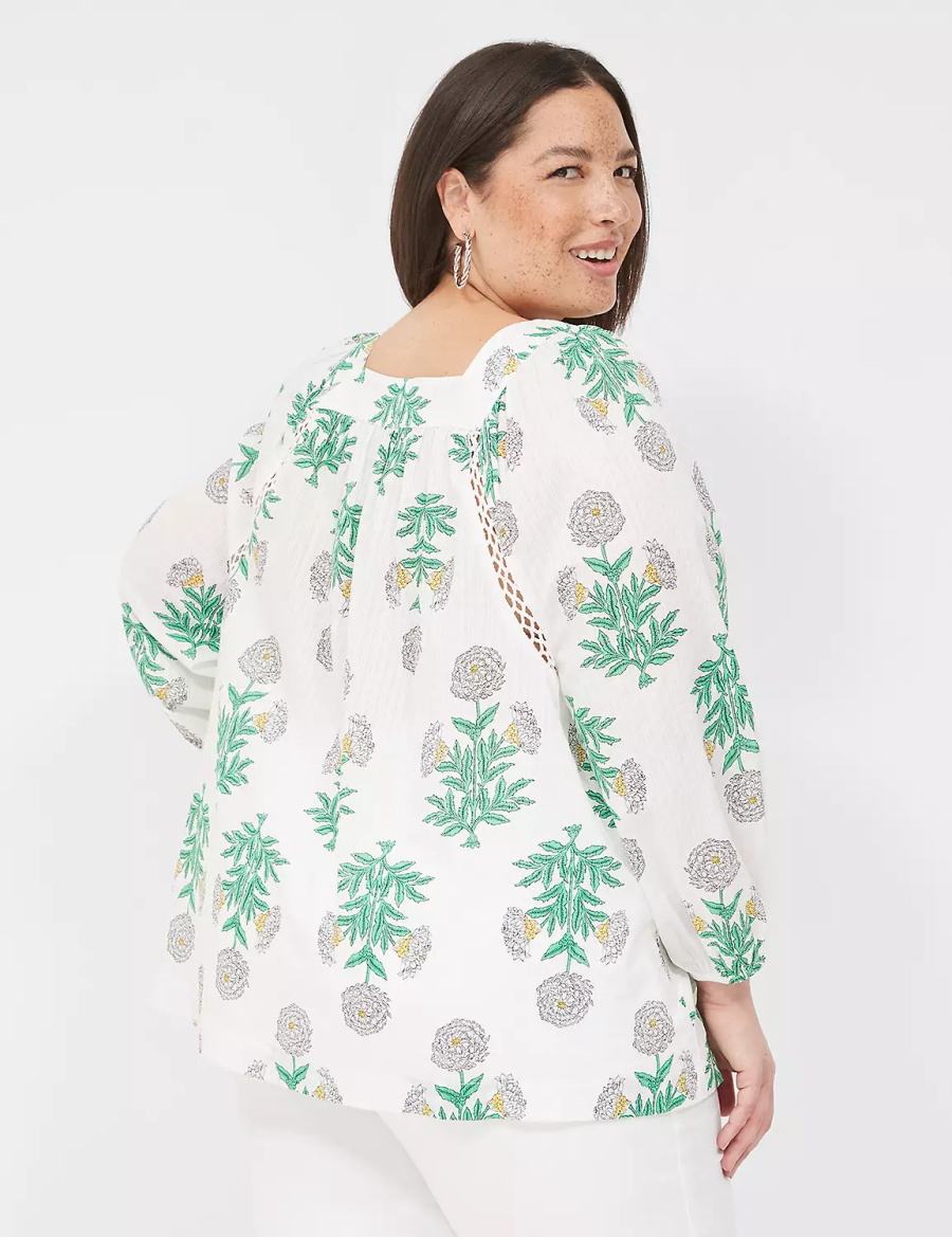 Lane Bryant Swing Square-Neck Peasant Women Blouse White Green | NMK1344EW