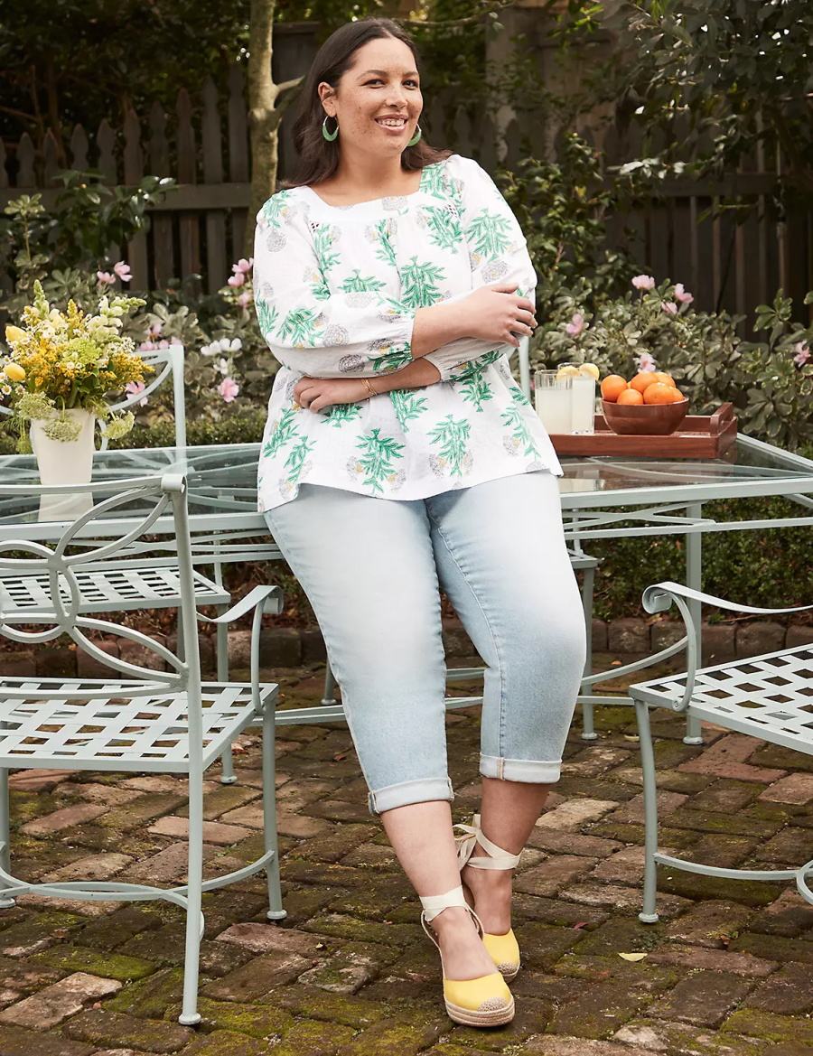 Lane Bryant Swing Square-Neck Peasant Women Blouse White Green | NMK1344EW