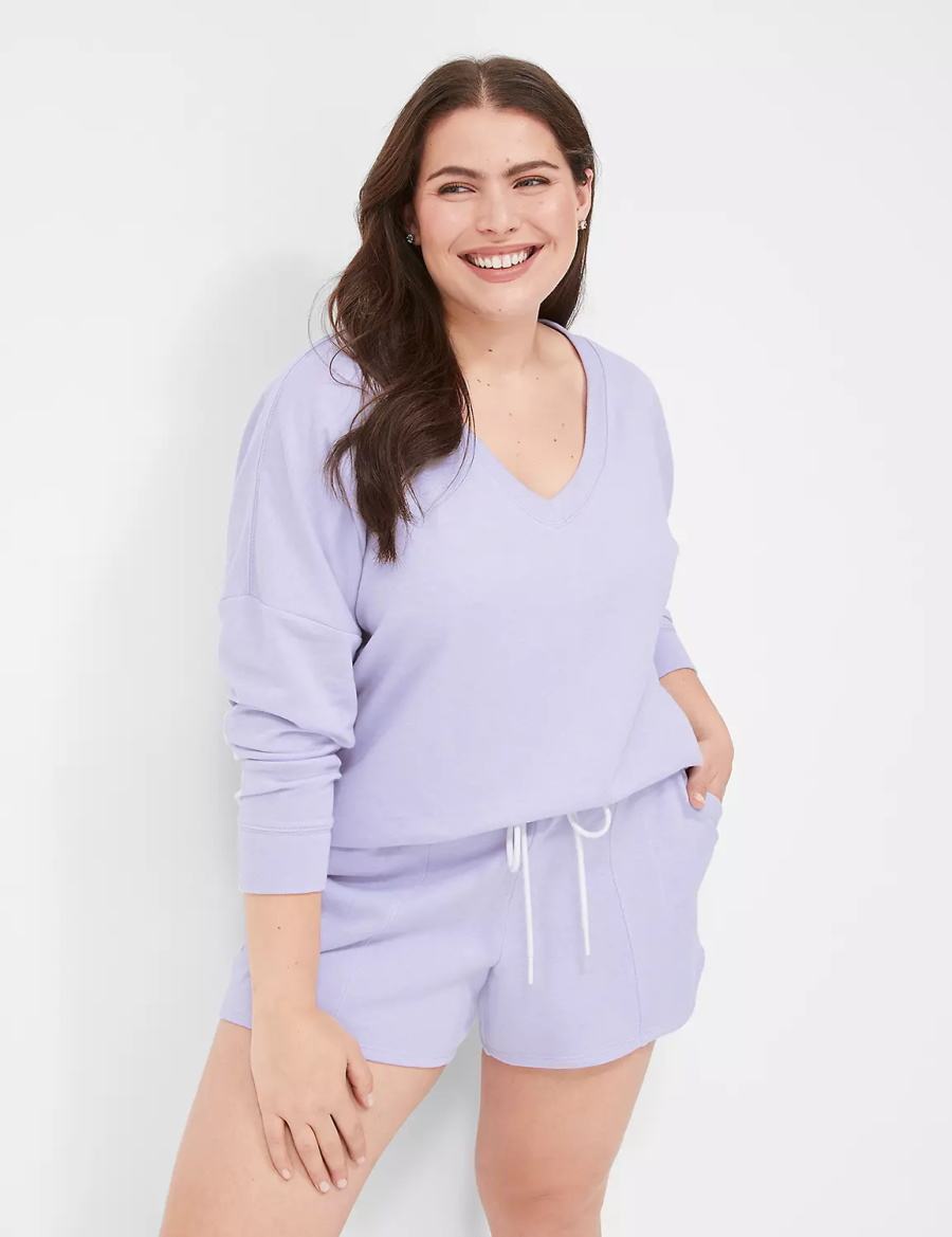 Lane Bryant Terry Fleece V-Neck Top Women T Shirts Purple | EJN351EB