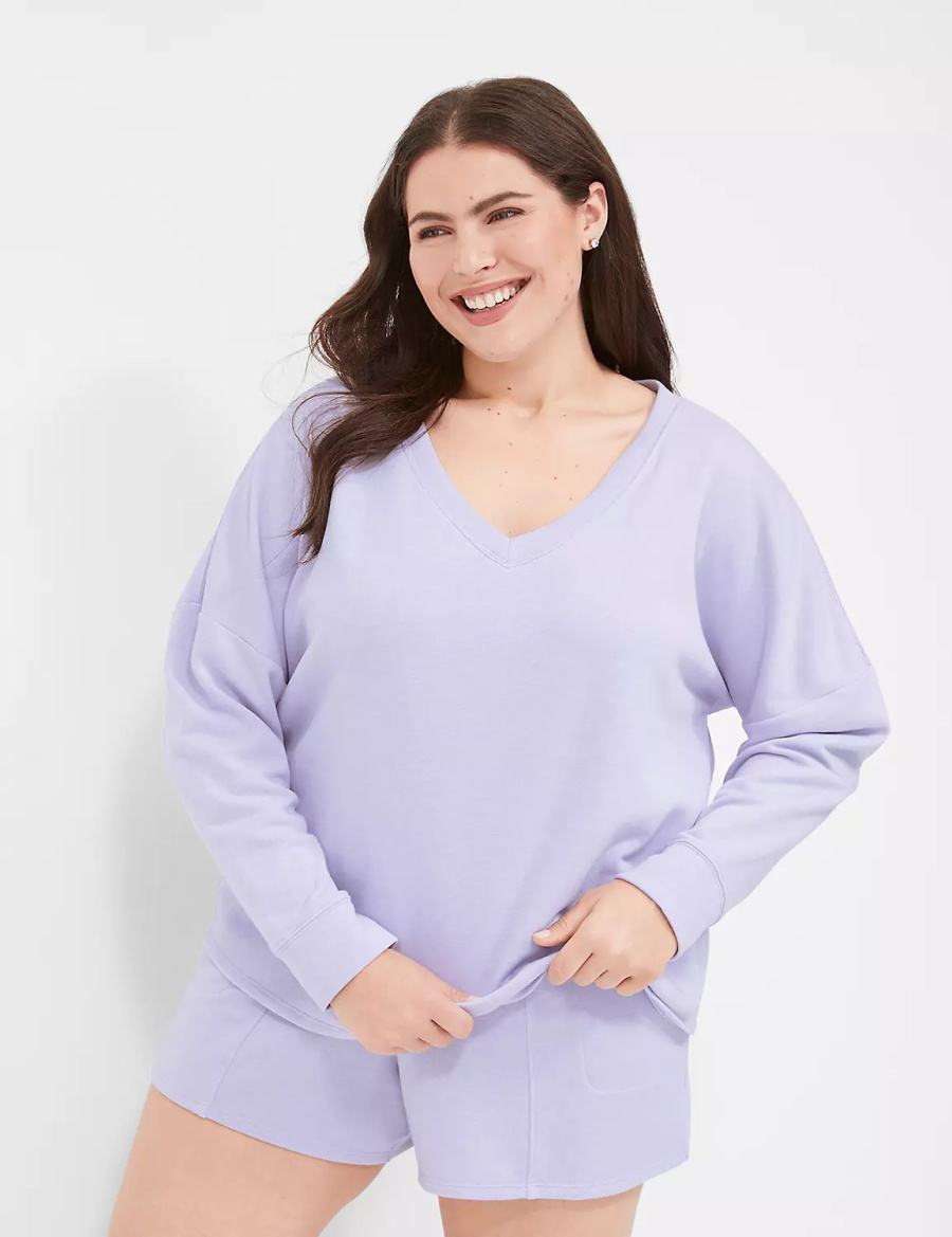 Lane Bryant Terry Fleece V-Neck Top Women T Shirts Purple | EJN351EB