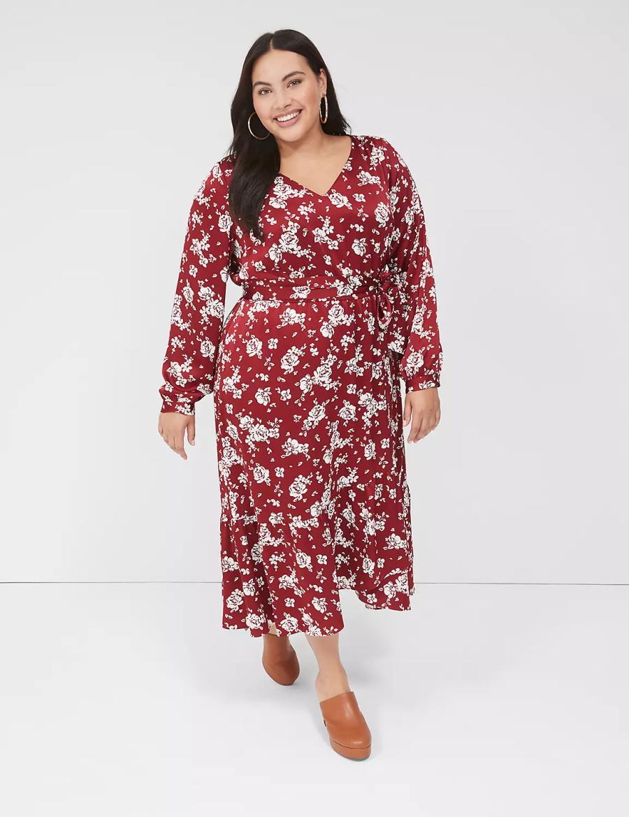 Lane Bryant Textured Satin Long-Sleeve Wrap-Skirt Women Midi Dress Red | JRP6652EO