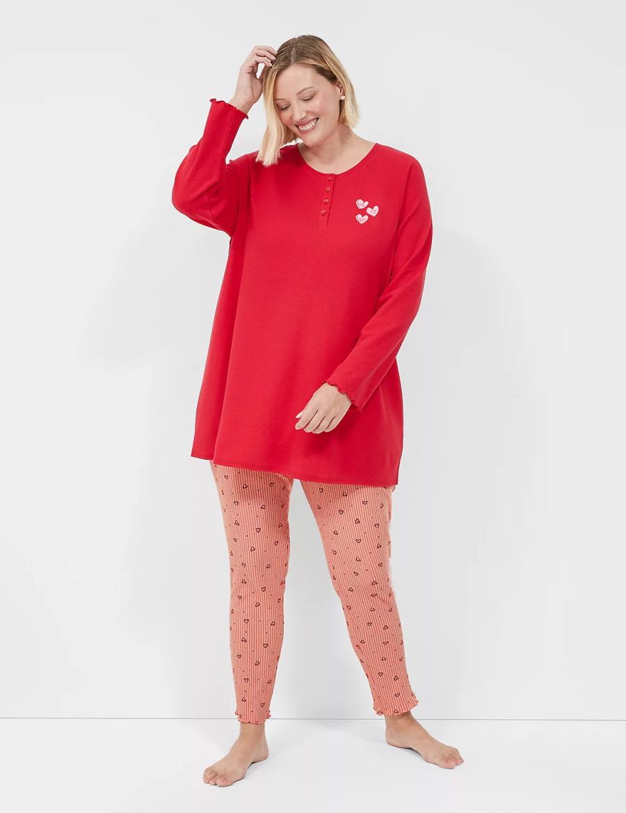 Lane Bryant Thermal Cotton Lettuce-Edge Henley Tee & Legging PJ Set Women Pajamas Red Multicolor | QPO2520JK