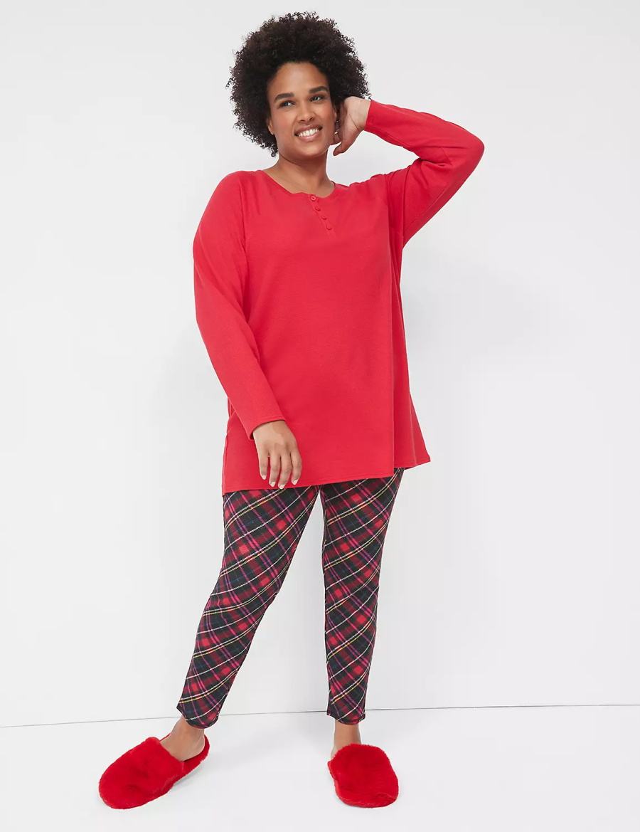 Lane Bryant Thermal Henley Tee & Legging PJ Set Women Pajamas Red Multicolor | WDQ5717RH