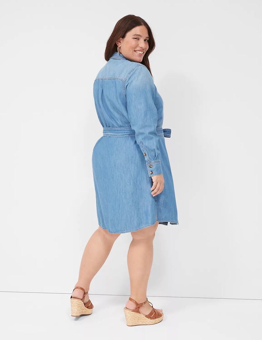 Lane Bryant Tie-Waist Denim Women Shirt Dress Blue | ZLU9592JF