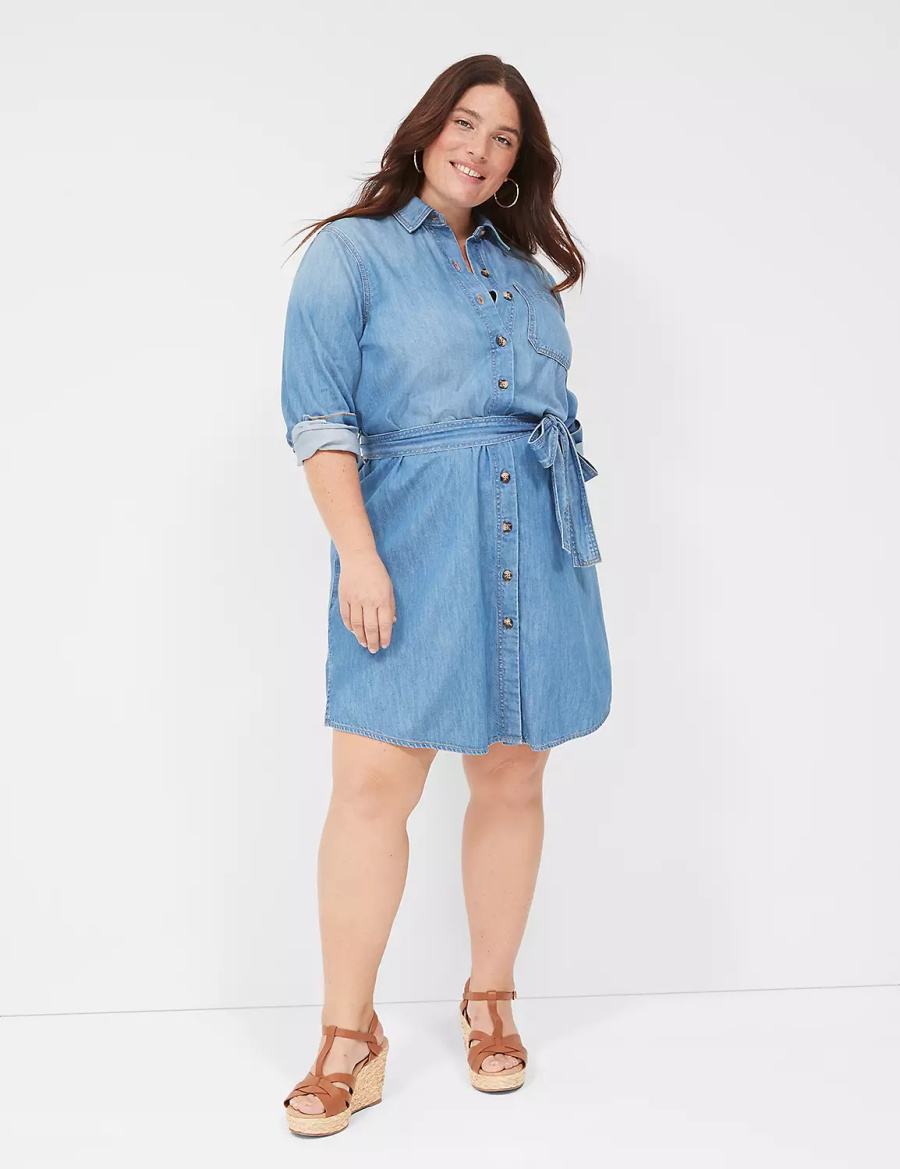 Lane Bryant Tie-Waist Denim Women Shirt Dress Blue | ZLU9592JF