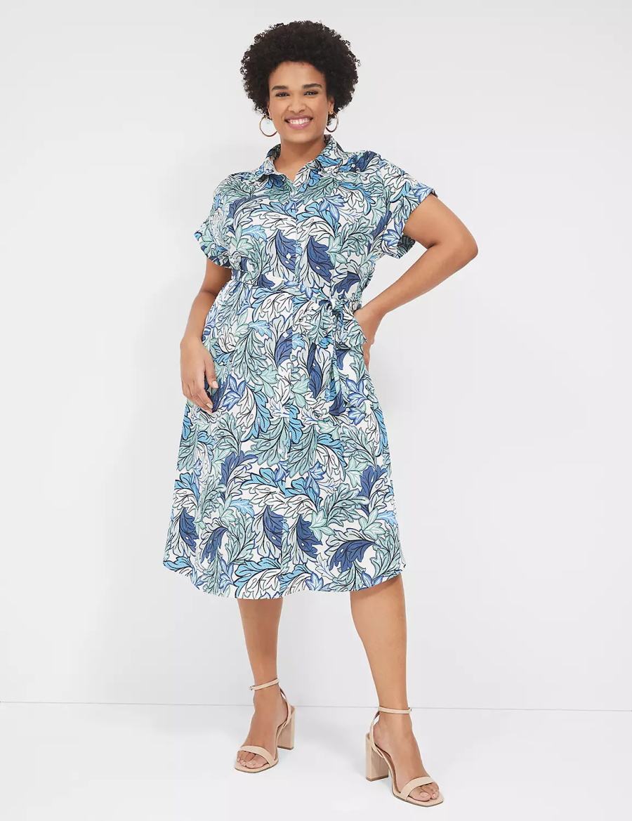 Lane Bryant Tie-Waist Midi Women Shirt Dress Blue Multicolor | VRA1385KK