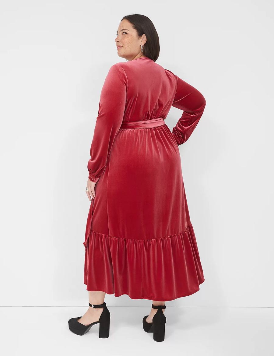 Lane Bryant Tiered Wrap Velvet Women Midi Dress Dark Red | PEZ8792WZ