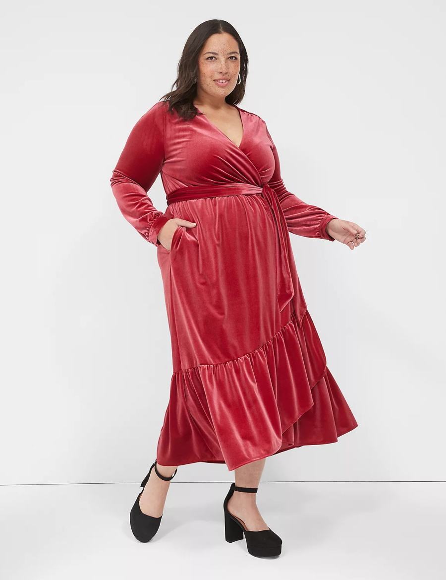 Lane Bryant Tiered Wrap Velvet Women Midi Dress Dark Red | PEZ8792WZ