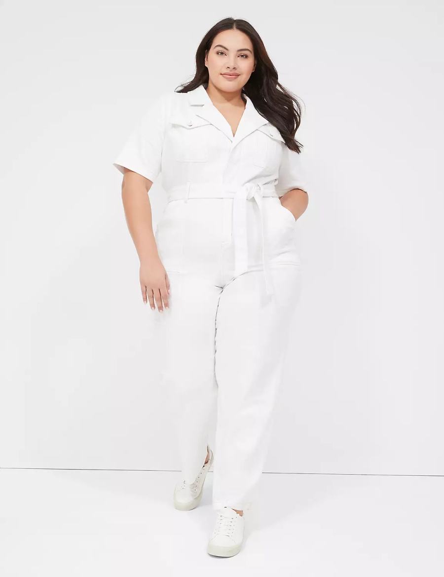 Lane Bryant Utility Straight Leg Denim Women Jumpsuit White | VDZ5441XZ