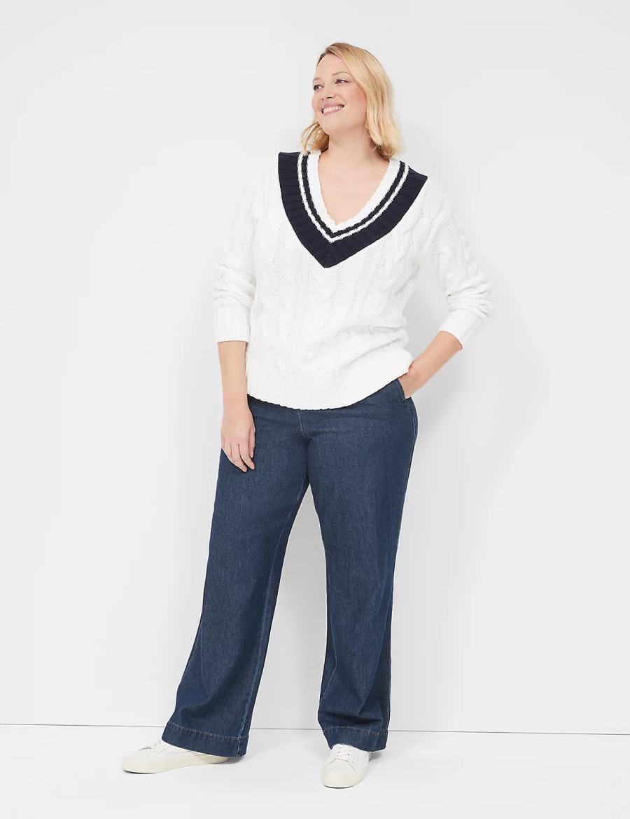 Lane Bryant V-Neck Cable Pullover Women Sweaters White | MRE8095MP