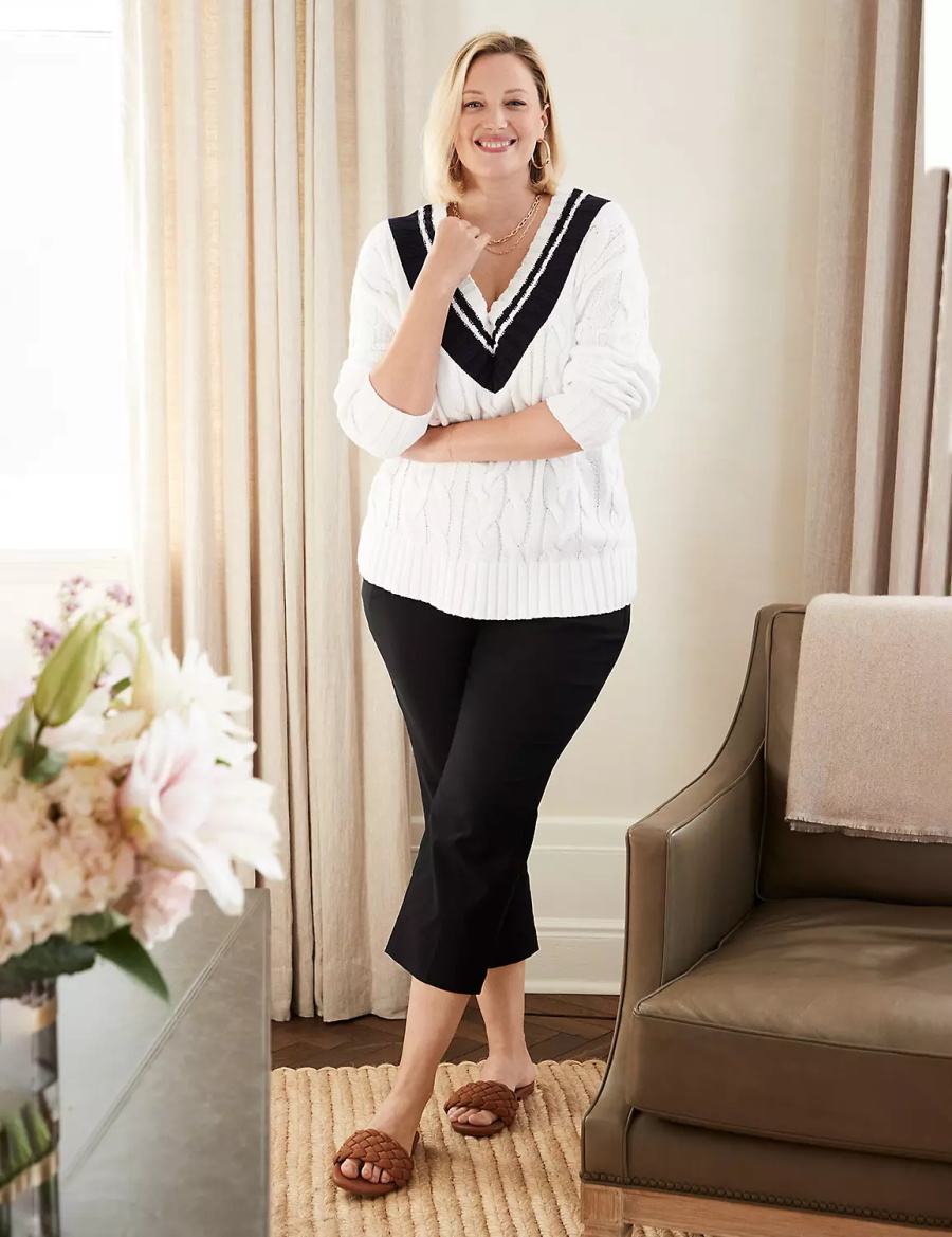 Lane Bryant V-Neck Cable Pullover Women Sweaters White | MRE8095MP