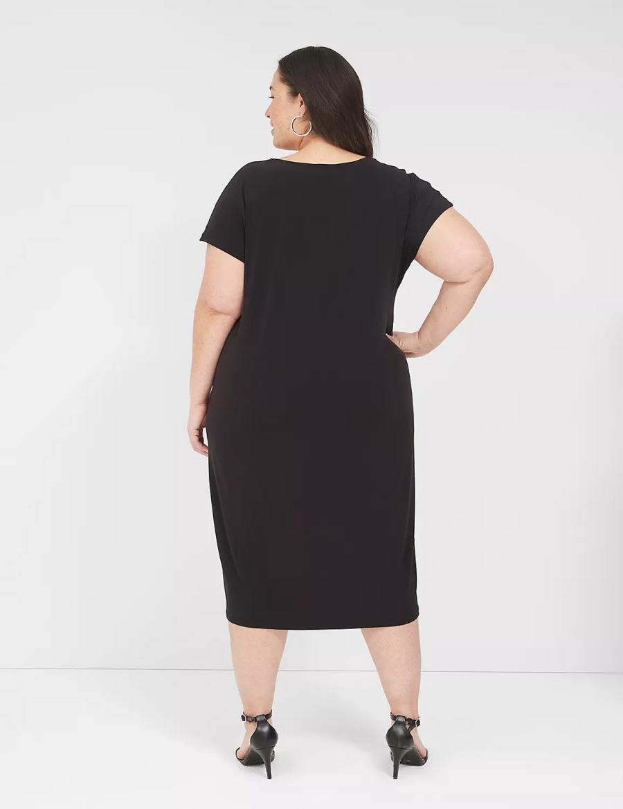 Lane Bryant V-Neck Pleat-Front Jersey Women Casual Dress Black | GPY1848WU