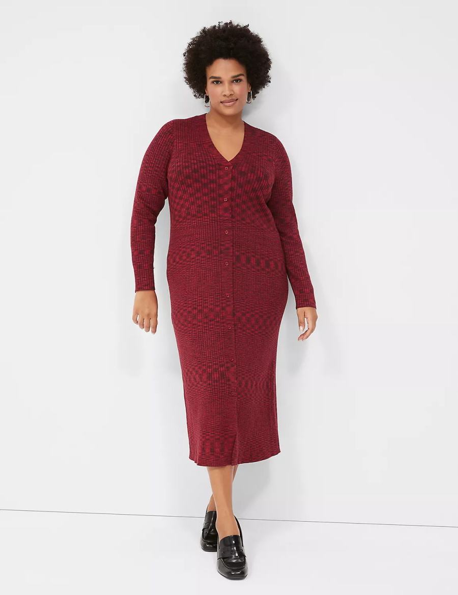 Lane Bryant V-Neck Rib Sweater Women Midi Dress Dark Red | LMC732EV