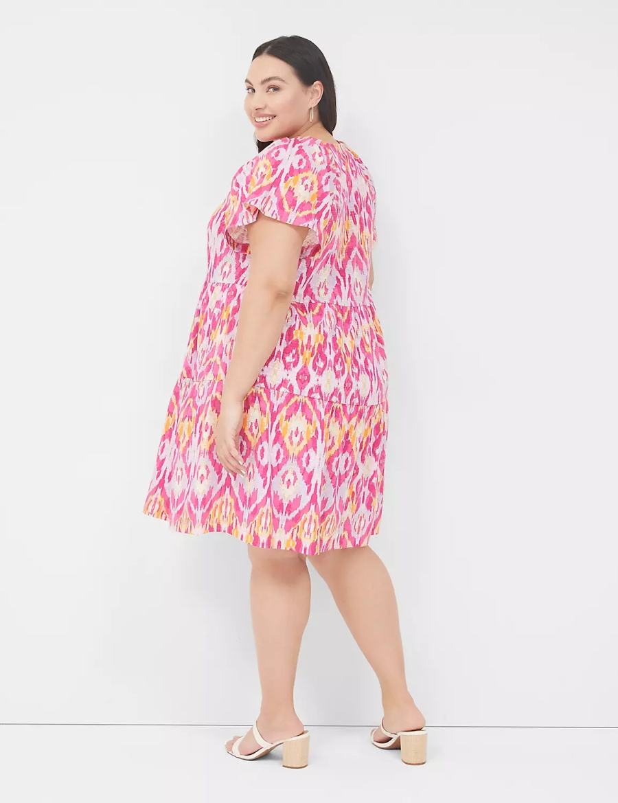 Lane Bryant V-Neck Tiered Easy Women Short Dress Pink | HZW3860AL